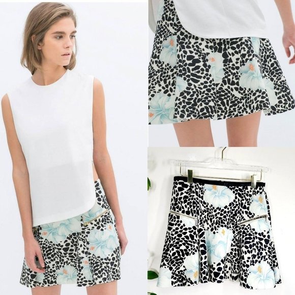 Zara Dresses & Skirts - ZARA Black Floral Mini Skirt SMALL Leather Hibiscus Flared